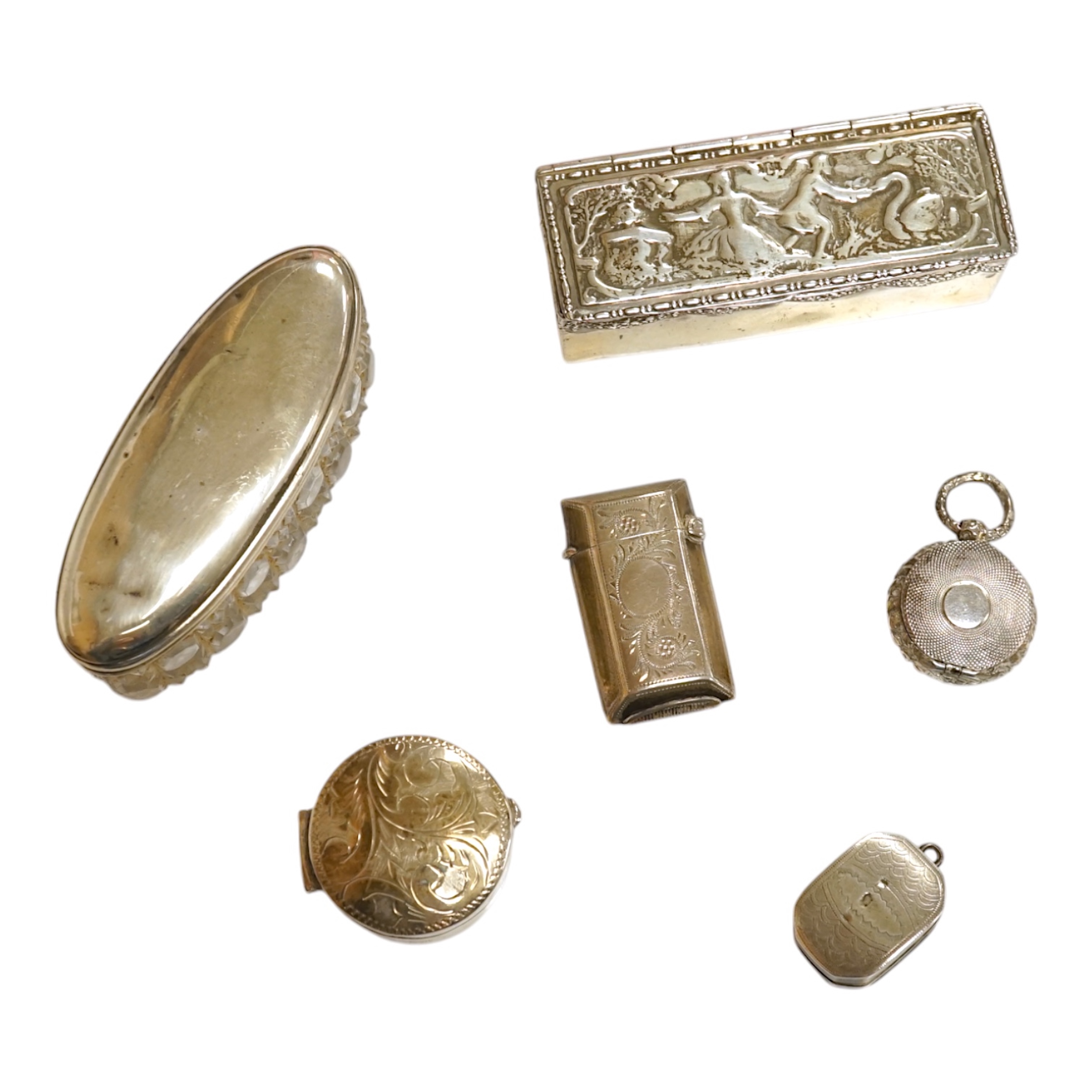 A George IV silver circular vinaigrette, Birmingham, 1822, 22mm and five other silver items including a mounted toilet jar and Victorian vinaigrette by George Unite. Condition - poor to fair